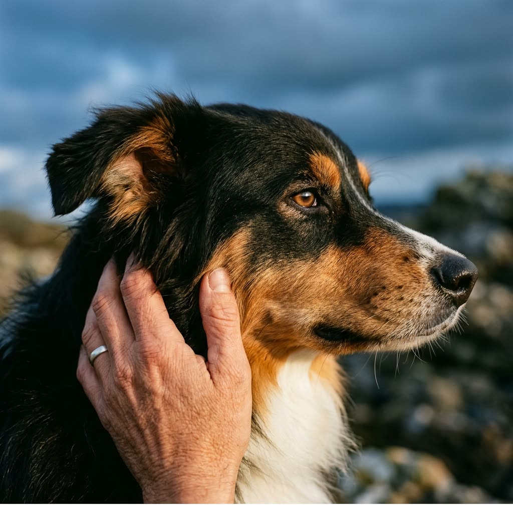 Ruhiger schwarz-tricolour Australian Shepherd im Profil, eine Hand liegt seitlich am Kopf, im Hintergrund gewitterblauer Himmel