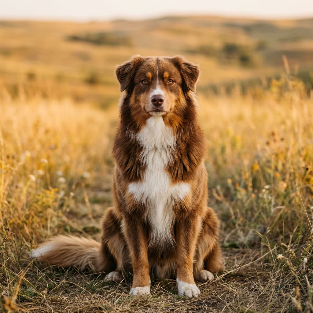 Gesunder rot-tricolour Australian Shepherd sitzt ruhig im goldenen Präriegras, die volle buschige Rute liegt sichtbar seitlich am Boden