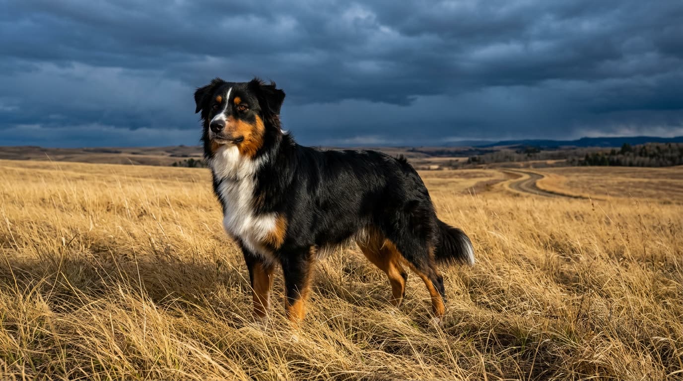 Gesunder schwarz-tricolour Australian Shepherd steht aufmerksam im goldenen Präriegras unter dunkler Gewitterwolke, mit voller unkupierter Rute